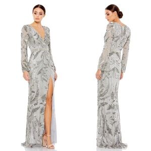 Mac Duggal 5222 Gray Sequined Faux Wrap Split Long Sleeve Gown Size 10 NWT